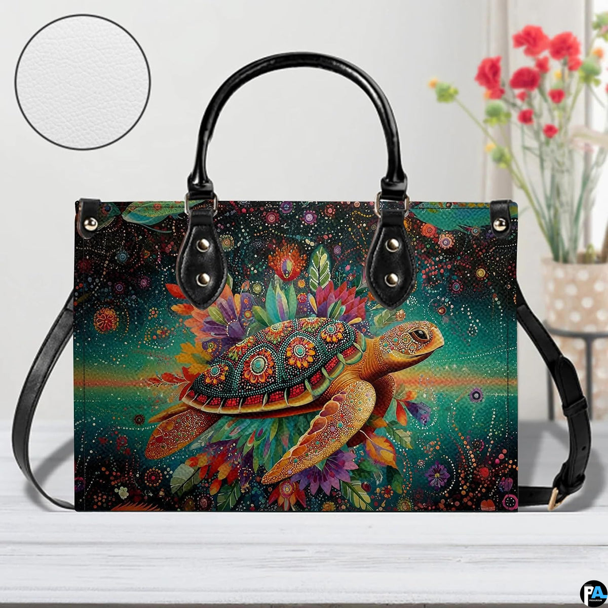 Front angled view displaying the detailed mandala dot turtle shell and floral plumes.