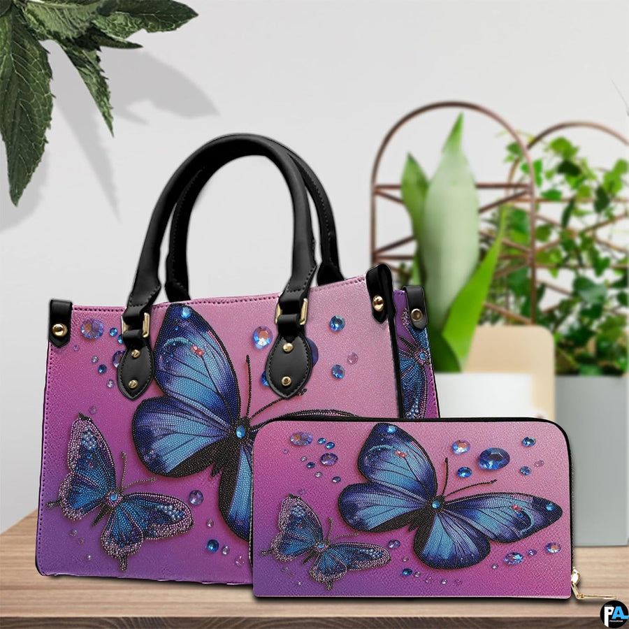 Top down view of butterfly handbag showing zipper closure and interior opening.
