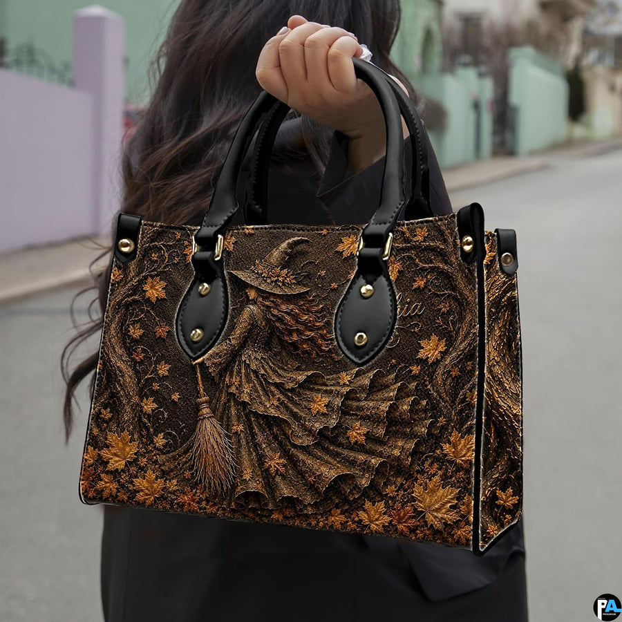 Urban model presentation demonstrating the autumn witch art accessory in an outdoor environment.