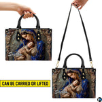 Dual view demonstrating handheld elevation and shoulder suspension of sacred art accessory.
