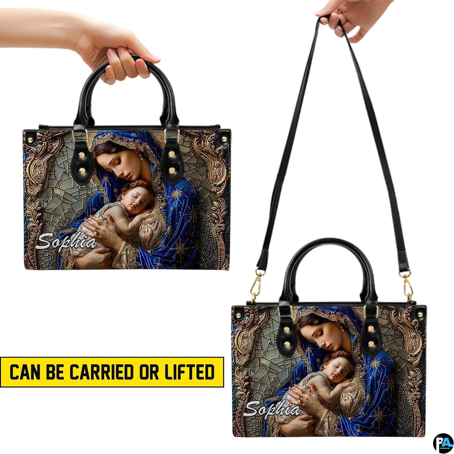 Dual view demonstrating handheld elevation and shoulder suspension of sacred art accessory.