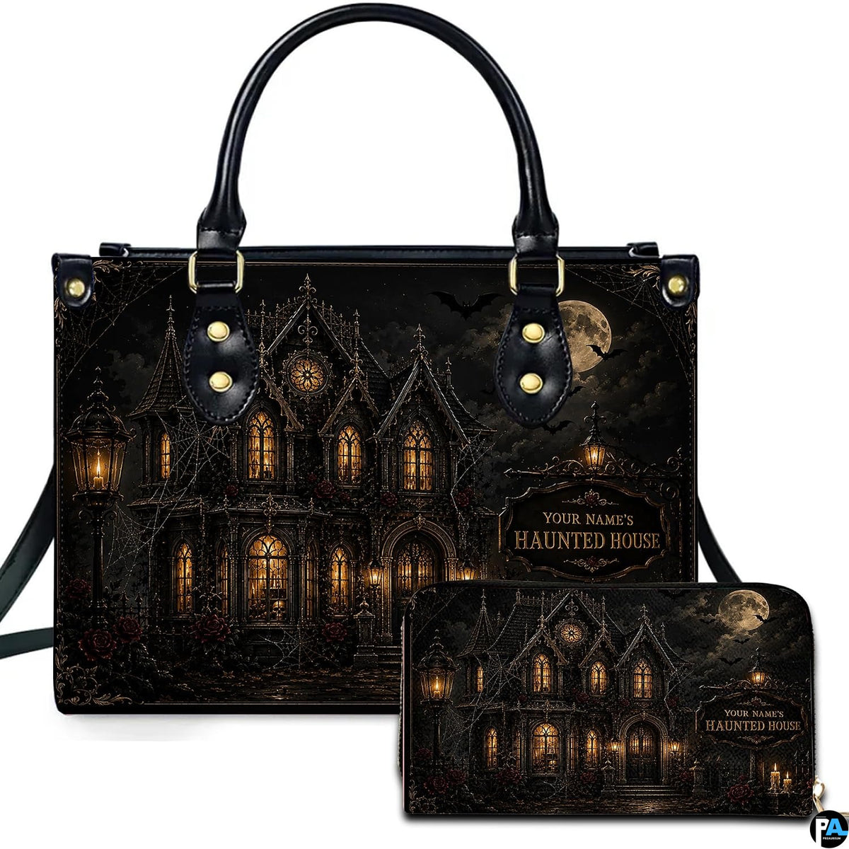 Gothic mansion art showing Victorian manor, glowing windows, full moon, bats, and signpost.