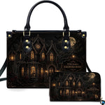 Gothic mansion art showing Victorian manor, glowing windows, full moon, bats, and signpost.
