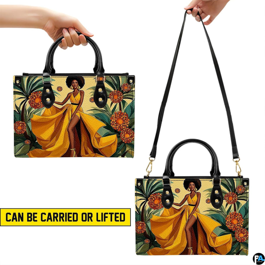Dual presentation displaying handheld and hanging orientations of the golden gown art accessory.