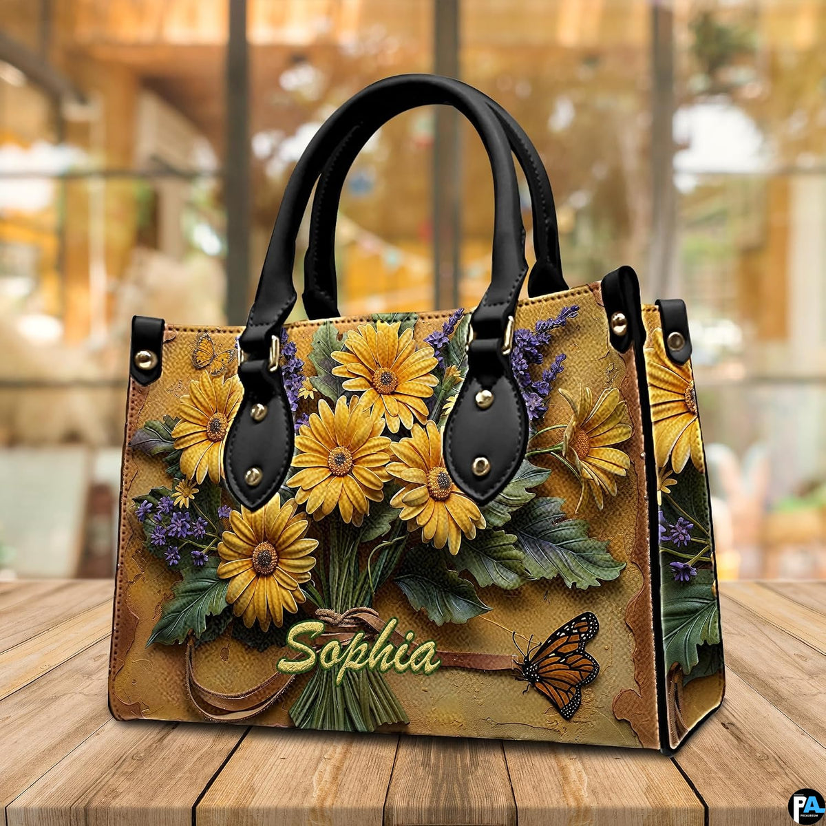 Alternative angle display of yellow daisy bouquet handbag and wallet