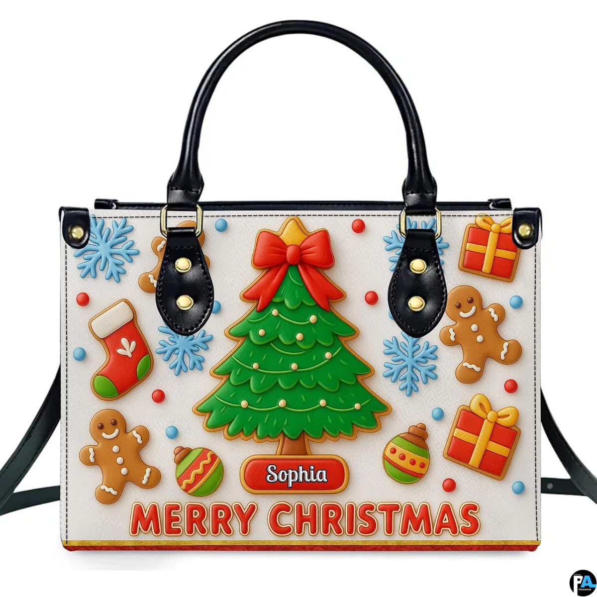 Front perspective view of gingerbread Christmas tree handbag on ivory ground.