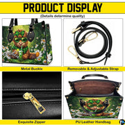 Four-part component diagram illustrating hardware clasps, top handle anchors, and interior structure.