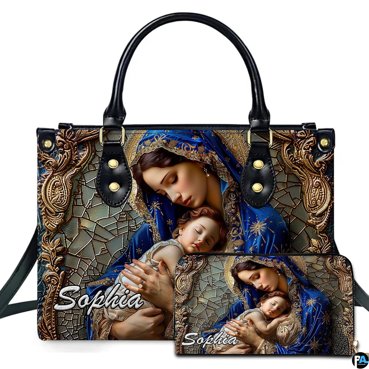 Virgin Mary and sleeping Christ child mosaic art on matching two-piece ensemble on white backdrop.
