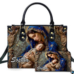 Virgin Mary and sleeping Christ child mosaic art on matching two-piece ensemble on white backdrop.
