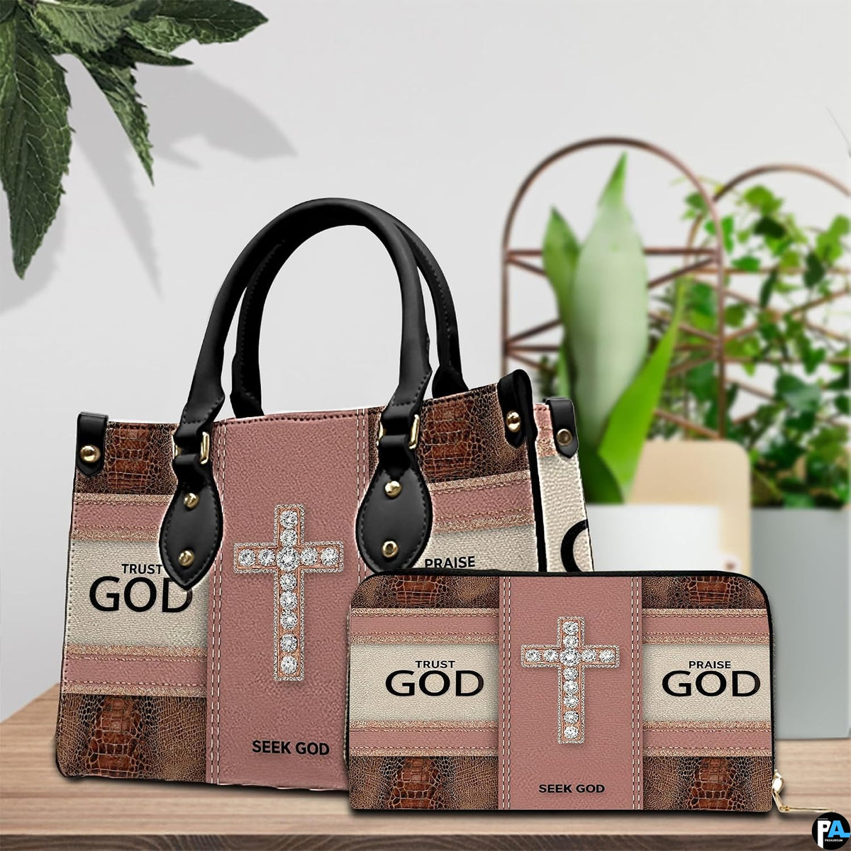 Detailed perspective of faith crystal cross handbag highlighting handle mounts and cross motif.