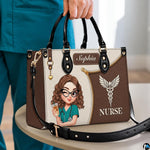 Chibi nurse mocha handbag held above round table in clinical room setting.