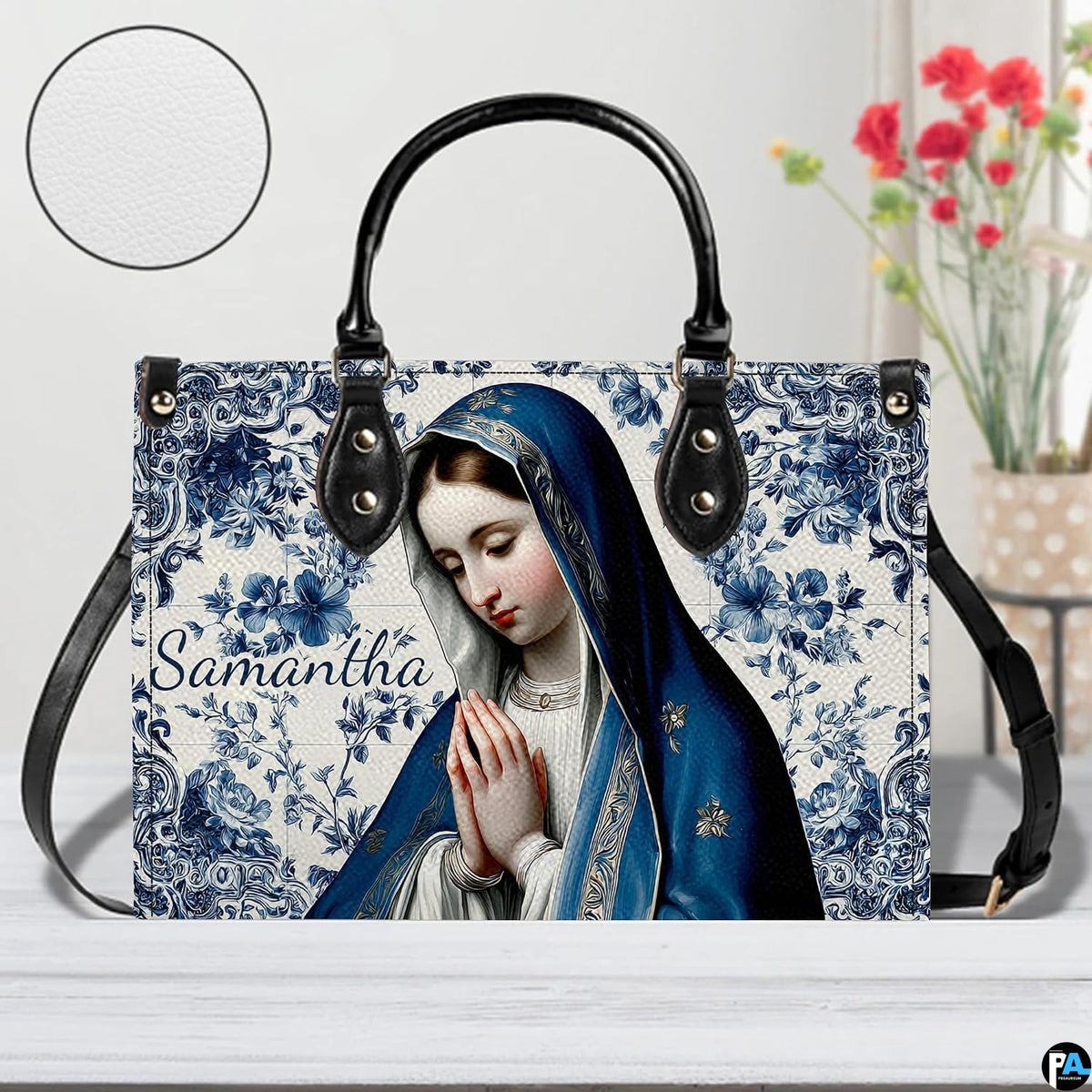 Close-up view of textured surface and azulejo praying Virgin Mary illustration.