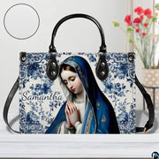 Close-up view of textured surface and azulejo praying Virgin Mary illustration.