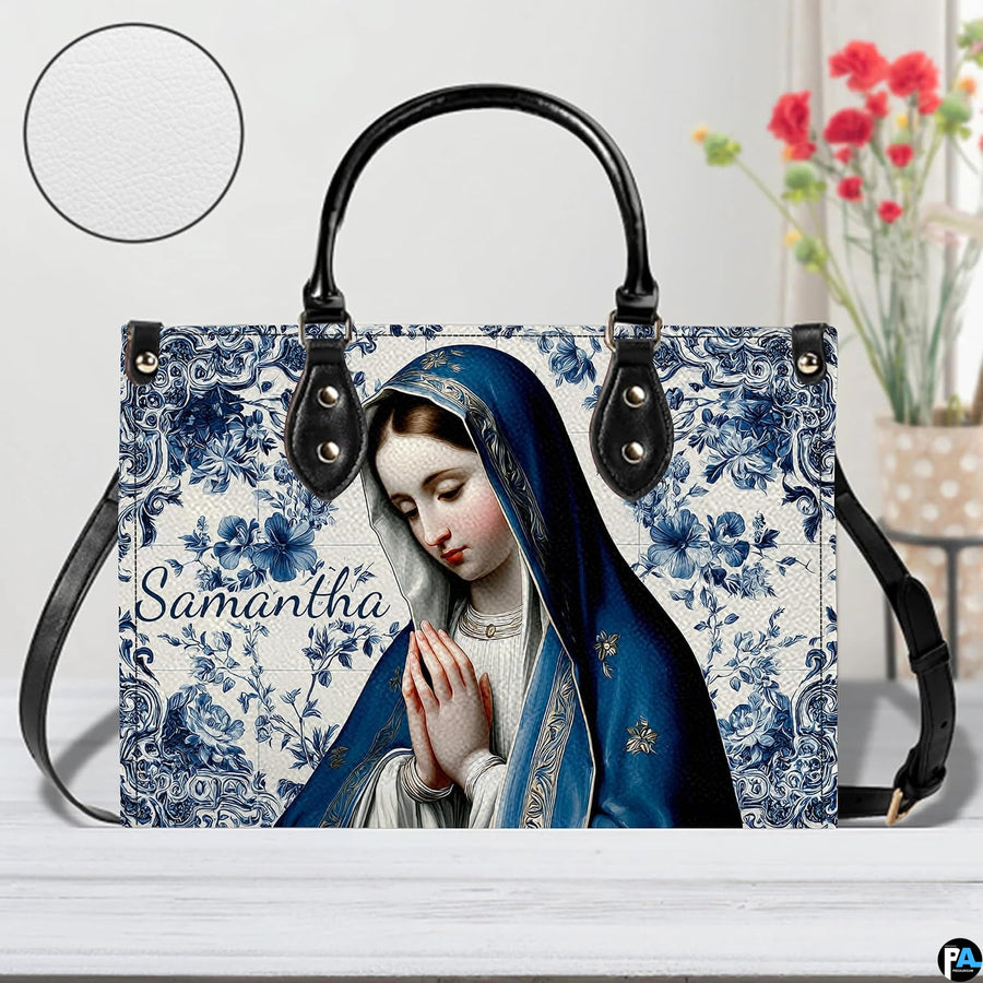 Close-up view of textured surface and azulejo praying Virgin Mary illustration.