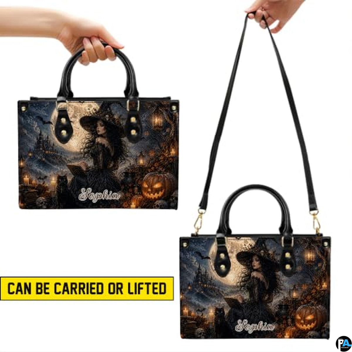 Personalized Witch Handbag with Purse, Custom Name Gothic Leather Bag Set for Women, Halloween Shoulder Bag, Witch Gift