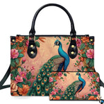 Pink peacock bag with turquoise bird, floral border and matching wallet
