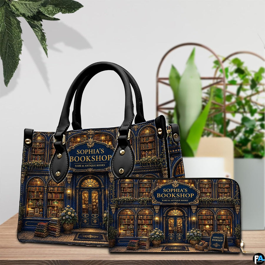 Tabletop coordinated view displaying synchronized baroque bookstore illustrations across both matching items
