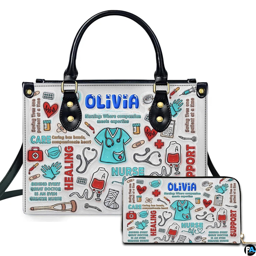 Personalized Nurse Leather Bag – Custom Medical Handbag & Purse Set with Name Gifts for Nursing Student Christmas Gift