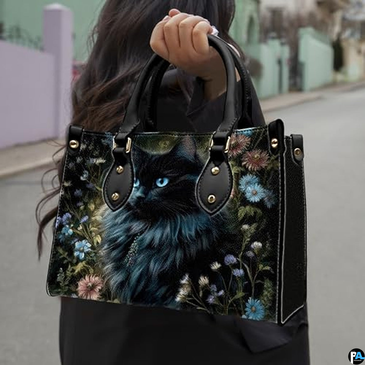 Black Cat Leather Bag – Vintage Cat Art Handbag, Stylish Animal-Themed Purse, Unique Gift for Cat Lovers