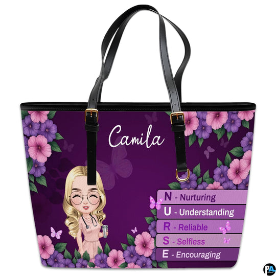 Studio display of Purple Floral Clinician Handbag showing chibi clinician, hibiscus blooms, and butterflies.