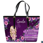 Studio display of Purple Floral Clinician Handbag showing chibi clinician, hibiscus blooms, and butterflies.