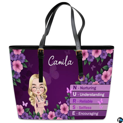 Studio display of Purple Floral Clinician Handbag showing chibi clinician, hibiscus blooms, and butterflies.
