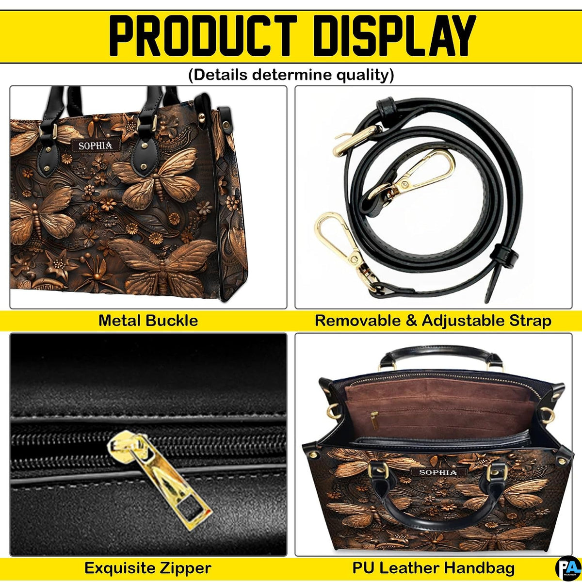Feature collage illustrating top handles, carrying strap, secure closure, and open top interior view.