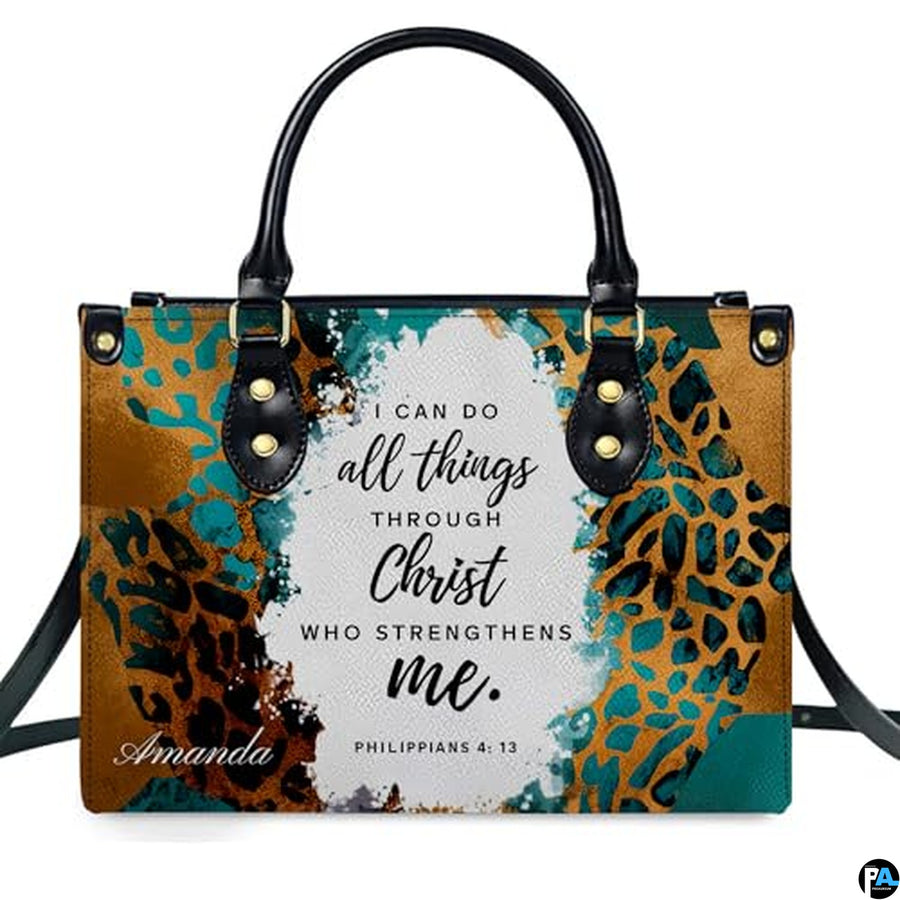 Personalized Abstract Gold Teal Animal Print Scripture Handbag
