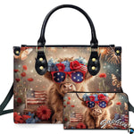 Illustrated Scottish cattle calf wearing star eyewear and floral flag bow beside fireworks and script name accent