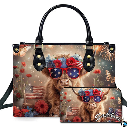 Illustrated Scottish cattle calf wearing star eyewear and floral flag bow beside fireworks and script name accent