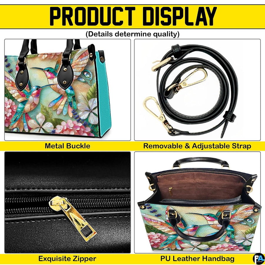 Front view of matching wallet carrying coordinating mosaic hummingbirds and coral floral motif.