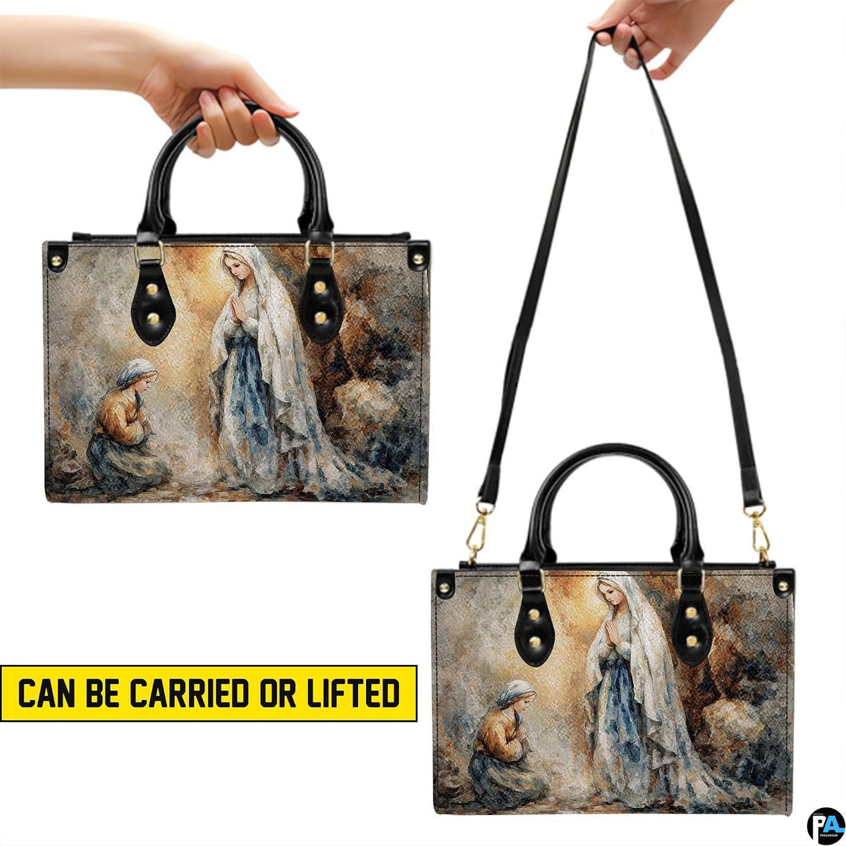 Side hanging view highlighting sturdy handle attachments and structured shape.