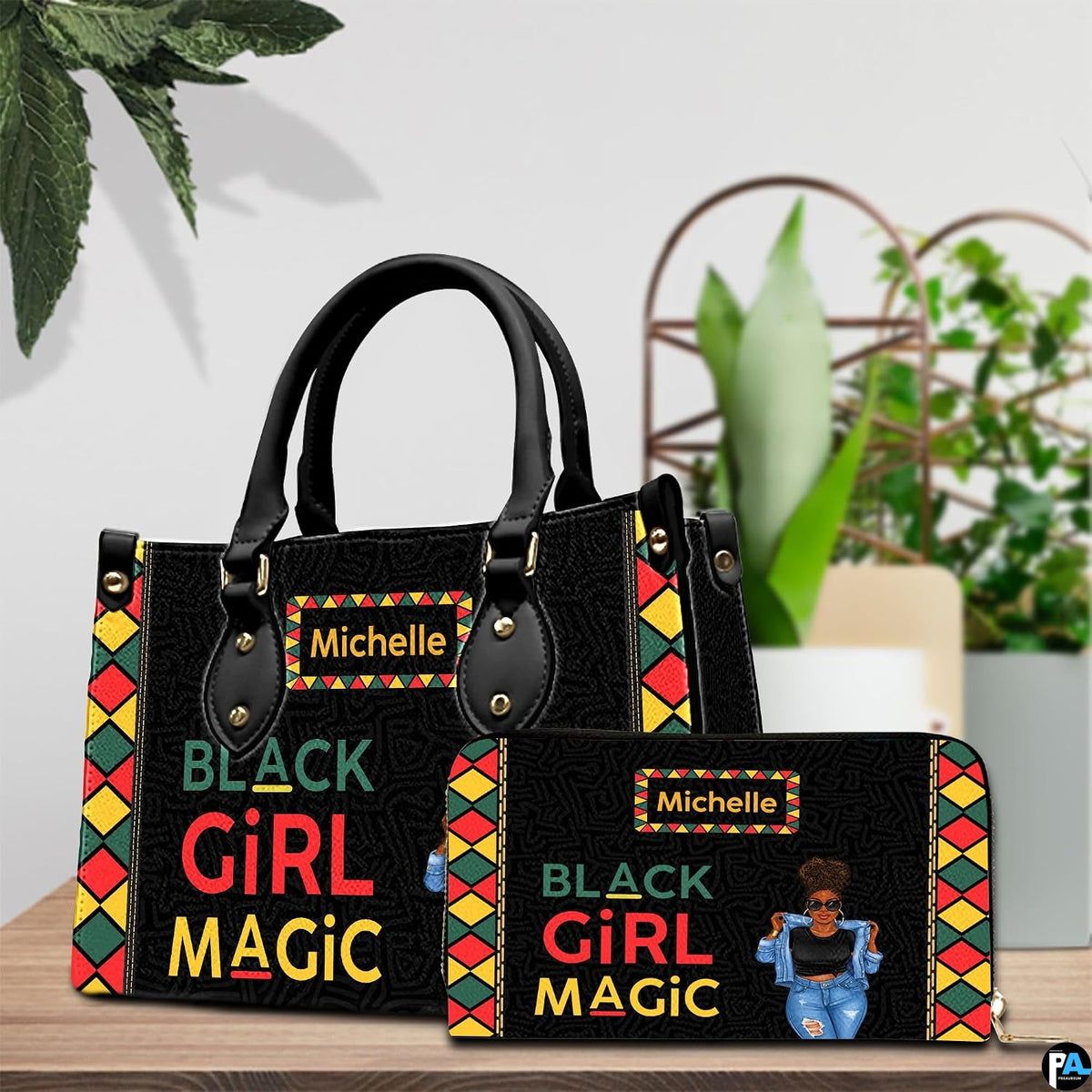 Afrocentric artwork accessory close view showcasing sculpted puff hairstyle, stylized typography, and diamond motifs.