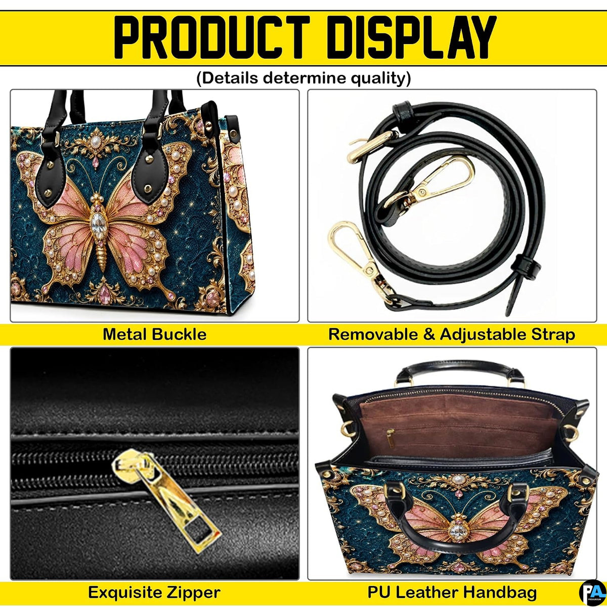 Four paneled composition illustrating decorative views of hardware accents, butterfly motifs, and interior view.