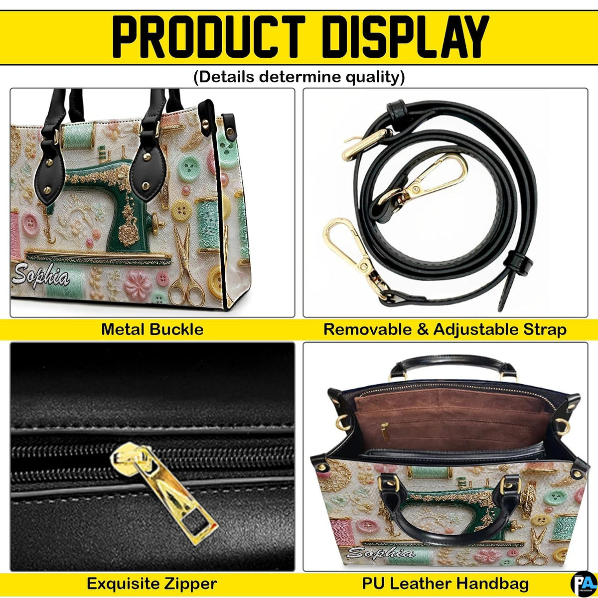 Four-panel layout presenting close-up visual accents of the antique sewing machine art design.