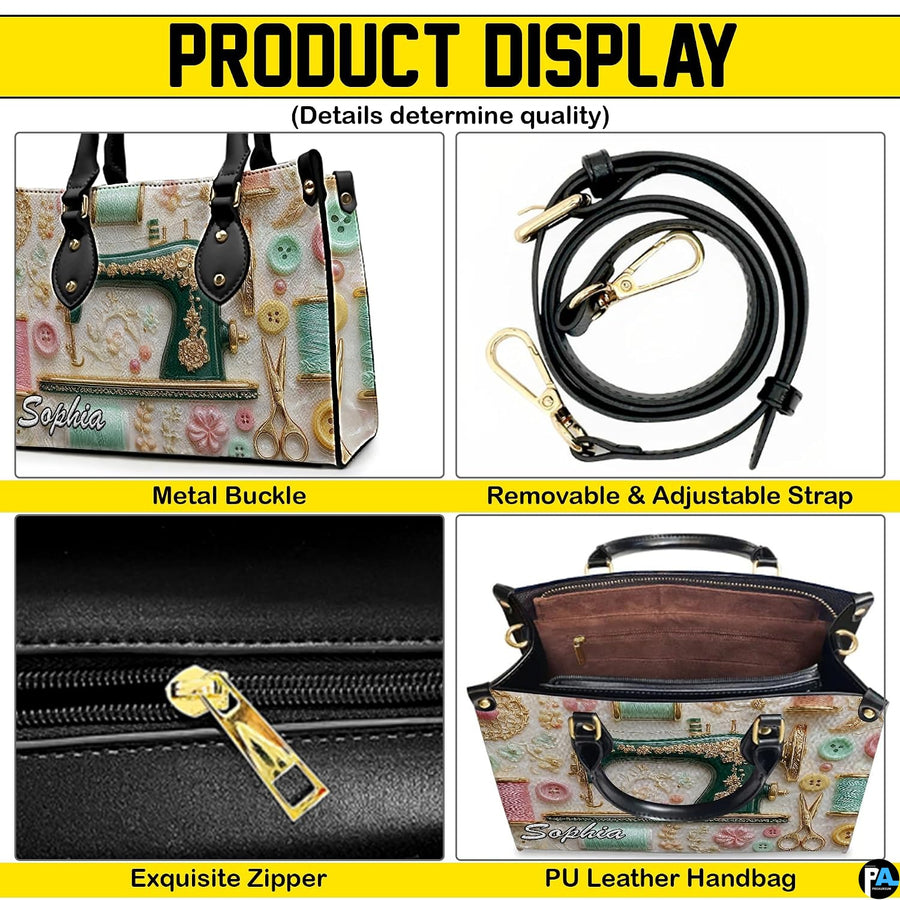 Four-panel layout presenting close-up visual accents of the antique sewing machine art design.