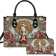 Our Lady of Guadalupe bas-relief rose artwork printed on matching handbag and wallet set.