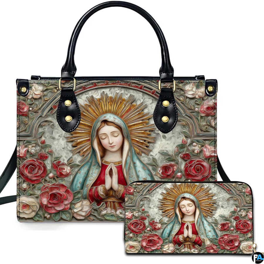 Our Lady of Guadalupe bas-relief rose artwork printed on matching handbag and wallet set.