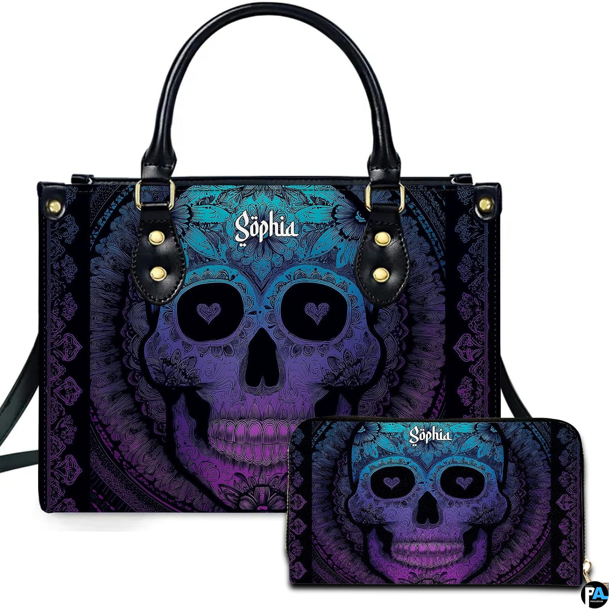 Turquoise violet sugar skull mandala handbag and matching wallet set on white background.