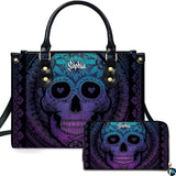 Turquoise Violet Sugar Skull Mandala Handbag and Matching Wallet Set
