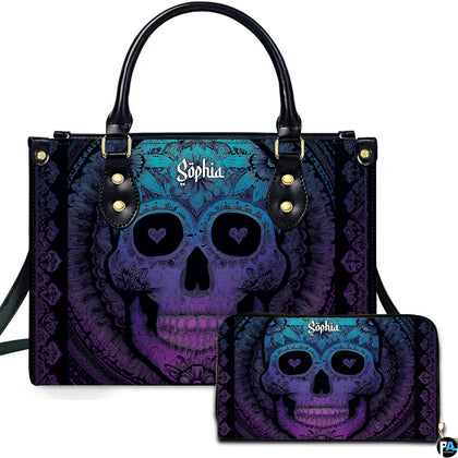 Turquoise violet sugar skull mandala handbag and matching wallet set on white background.