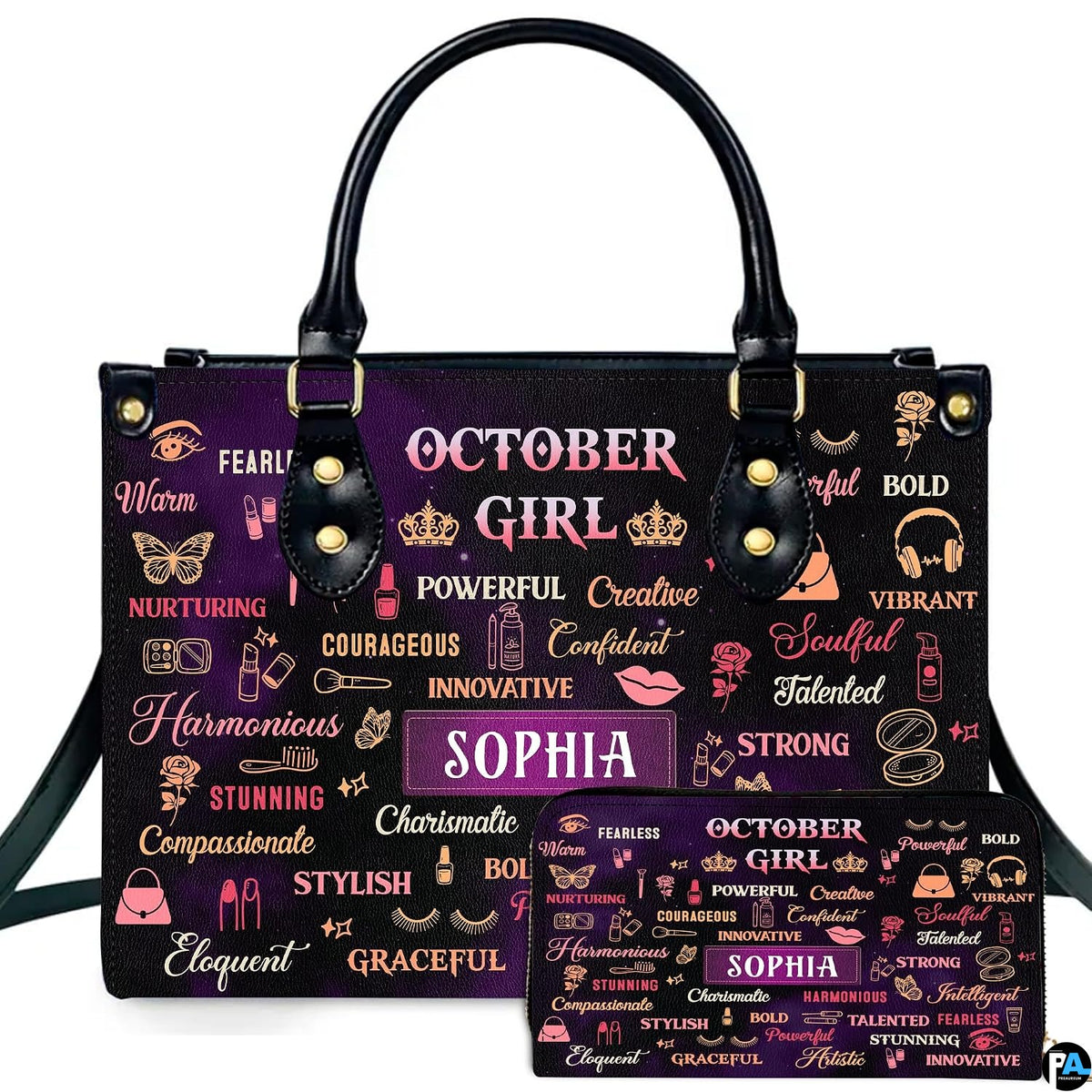 Front view of autumn birthday queen handbag and matching wallet set with purple typography artwork