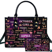 Front view of autumn birthday queen handbag and matching wallet set with purple typography artwork