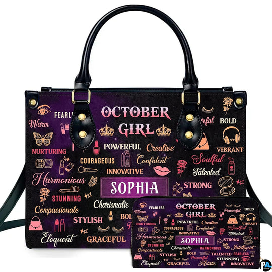 Front view of autumn birthday queen handbag and matching wallet set with purple typography artwork