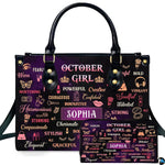 Front view of autumn birthday queen handbag and matching wallet set with purple typography artwork