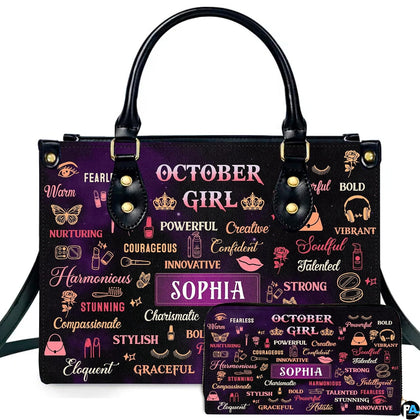 Front view of autumn birthday queen handbag and matching wallet set with purple typography artwork