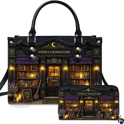 Gothic magic apothecary bookshop handbag and matching wallet shown together.