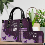 Side profile view of purple devotional handbag highlighting structure and clean proportions.