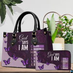 Side profile view of purple devotional handbag highlighting structure and clean proportions.