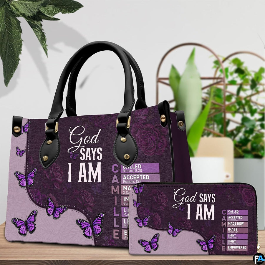 Side profile view of purple devotional handbag highlighting structure and clean proportions.